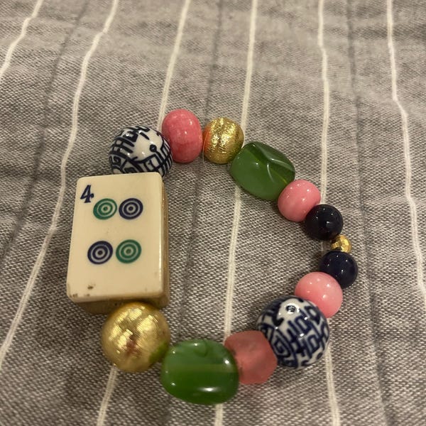 Mahjong Bracelet, Bone and Bamboo or Wood Mahjong Tile Beaded Stretch ...
