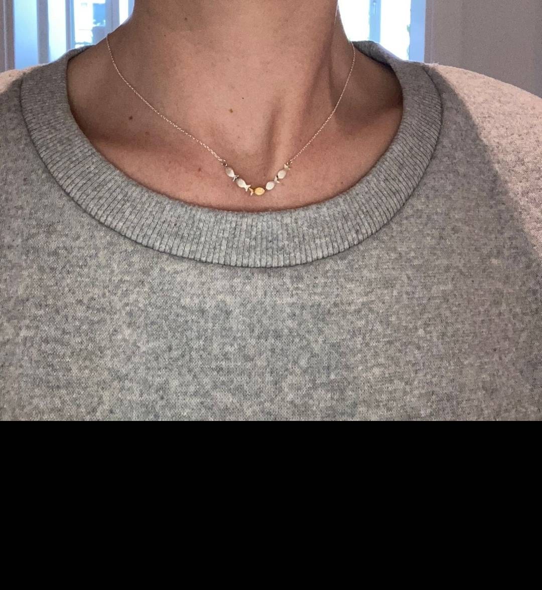 Swimming against the current. Dainty silver necklace. School of fish with one golden enameled fish swimming upstream. Gift for her.
