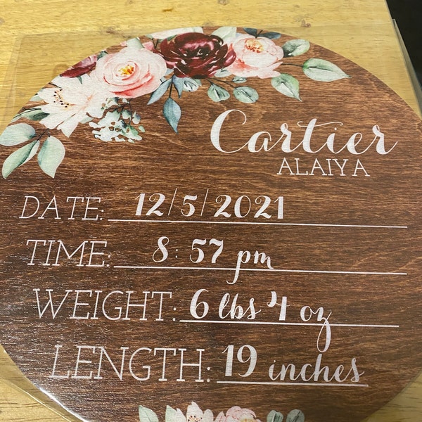 Birth Stats Round Wood Baby Name Sign Wooden Personalized Baby Name ...