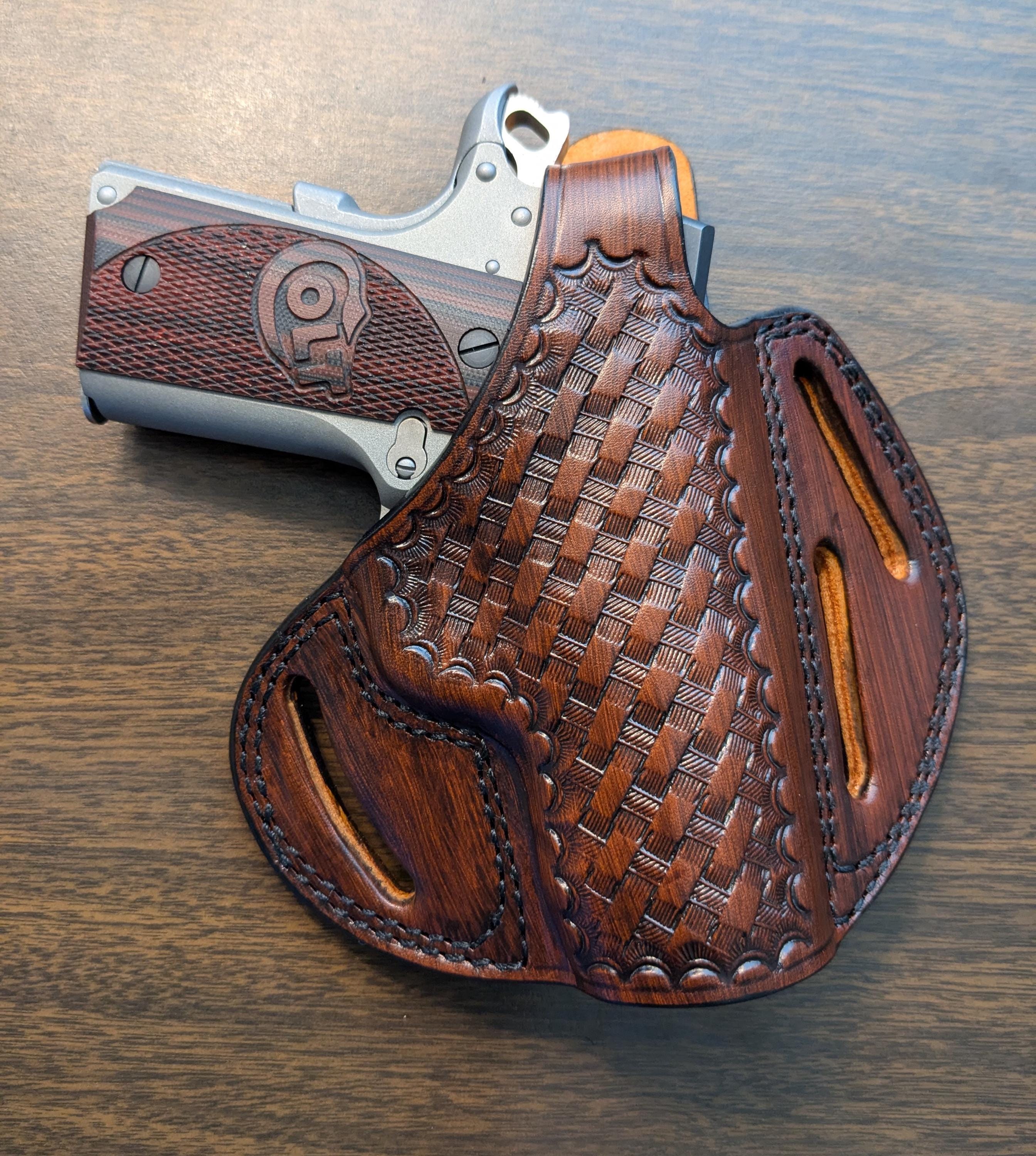 Leather Holster For Colt 1911 - Basket Weave - 3 Slot Belts - Genuine Leather - Thumb Break