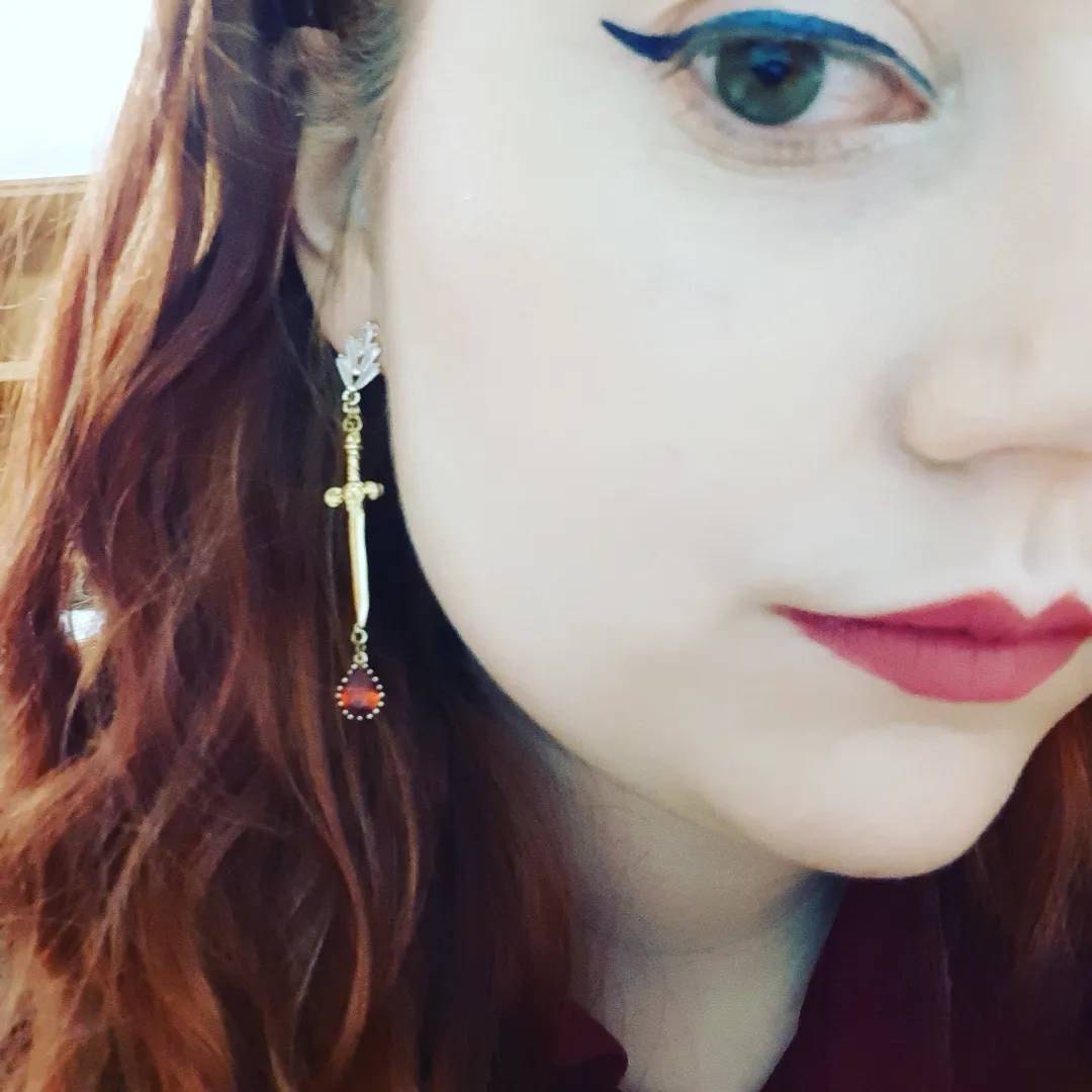 Sword and Blood Drop Dangle 2 Way Earrings / Gold,Silver, Black Deep Red Teardrop Earrings