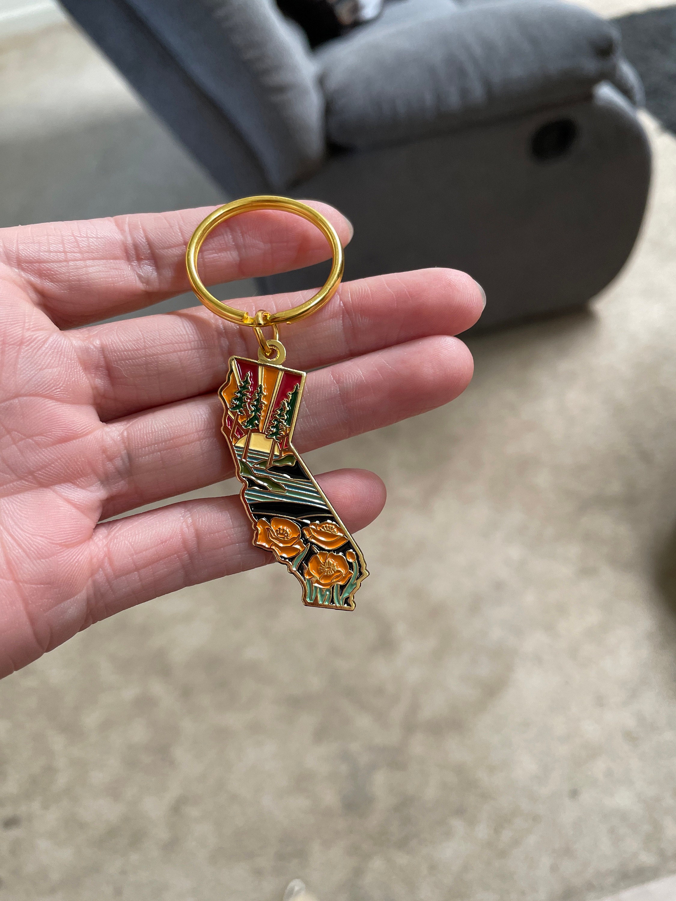 California Poppy Soft Enamel Keychain 1.5&quot; | California Outline Key Ring | Illustrated State Keychain