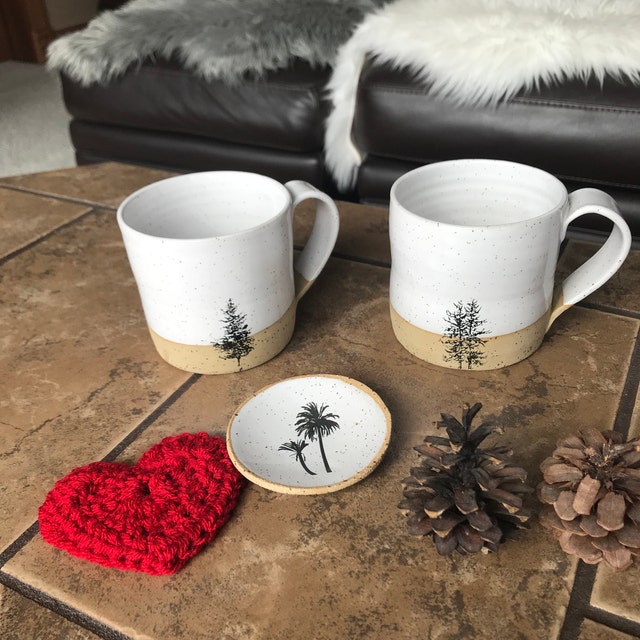 Set of 2 White Ceramic Mugs, Pottery Handmade Coffee Mugs Set With Handle,  Huggable Straight Large Tea Mugs, Rustic Modern Look Mugs 
