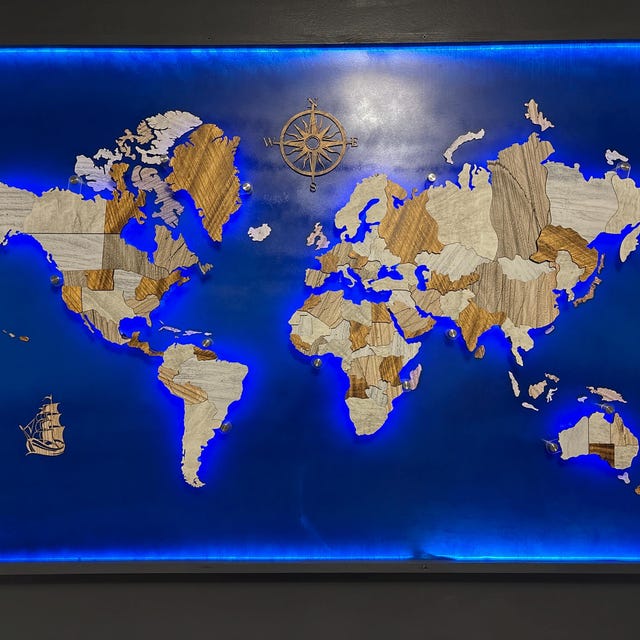 LED木製世界地図、LED照明付き世界地図、LED世界地図と国旗押しピン