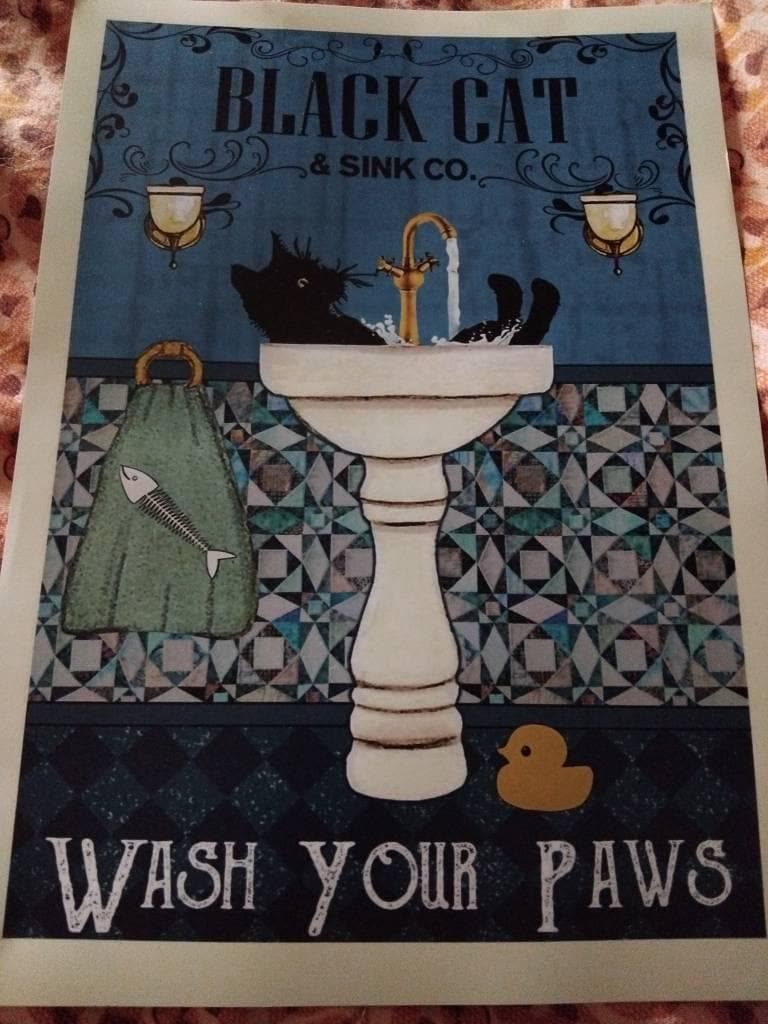 Black Cat Wash Your Paws Poster Bathroom Decoration Print Animal Picture Vintage Wall Art Toilet Restroom Home Decor A4/A3 Framed / Unframed