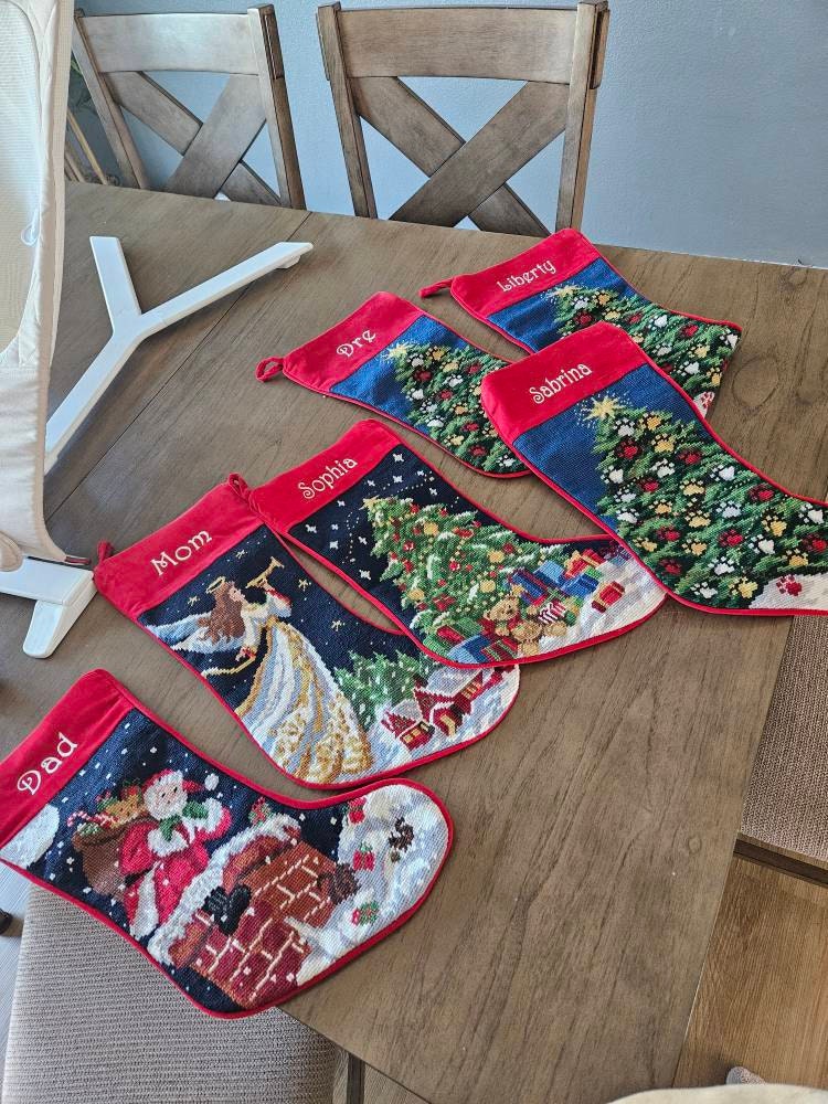 Needlepoint Christmas Stockings Personalized Santa Nutcracker Reindeer Old World Finished Embroidered Stockings with Names