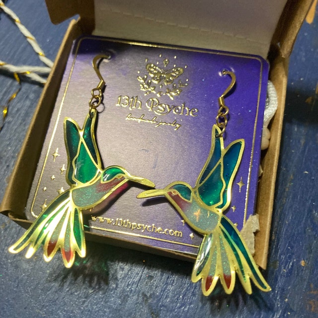 Hummingbird Earrings, Nature Inspired Fairycore Stained Glass