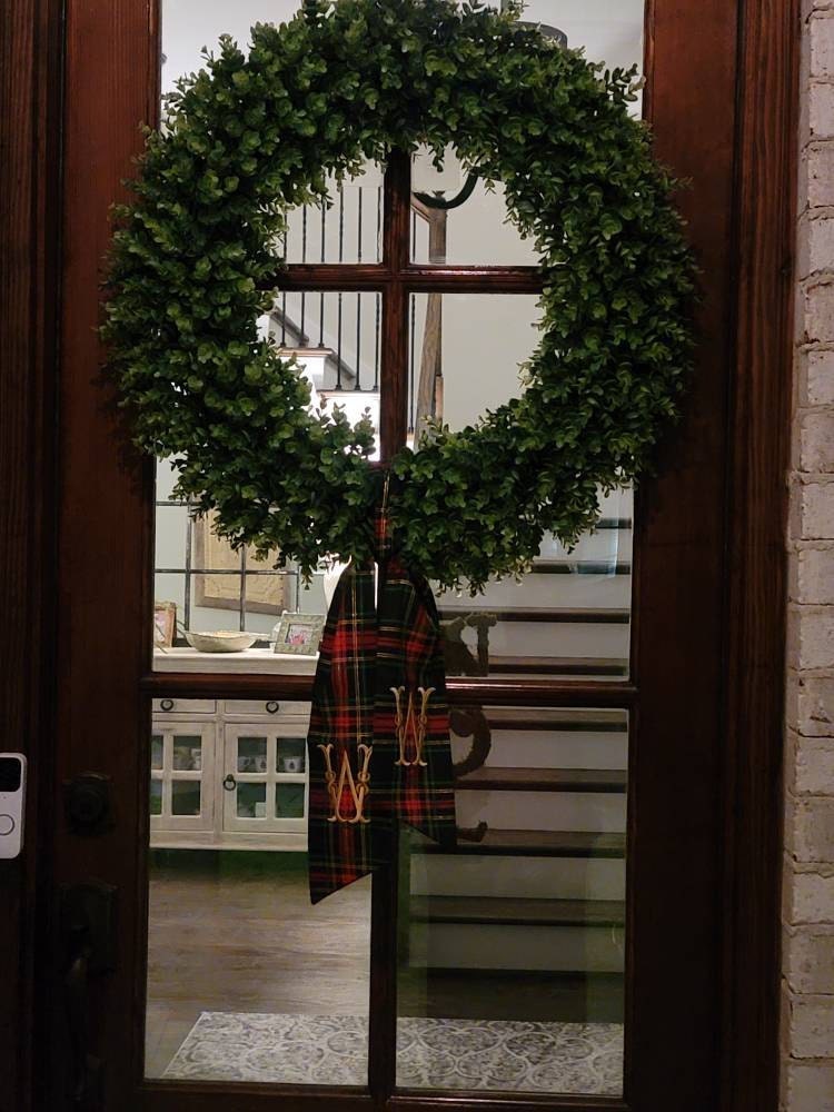Christmas Tartan Plaid Wreath Sash with Monogram, Wreath Bow, Monogram Front Door, Housewarming Gift, Wedding Decor, Bridal Gift