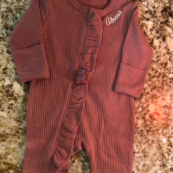 Baby Name Newborn Waffle Knit Ruffled Footie With Bow Baby Girl Coming