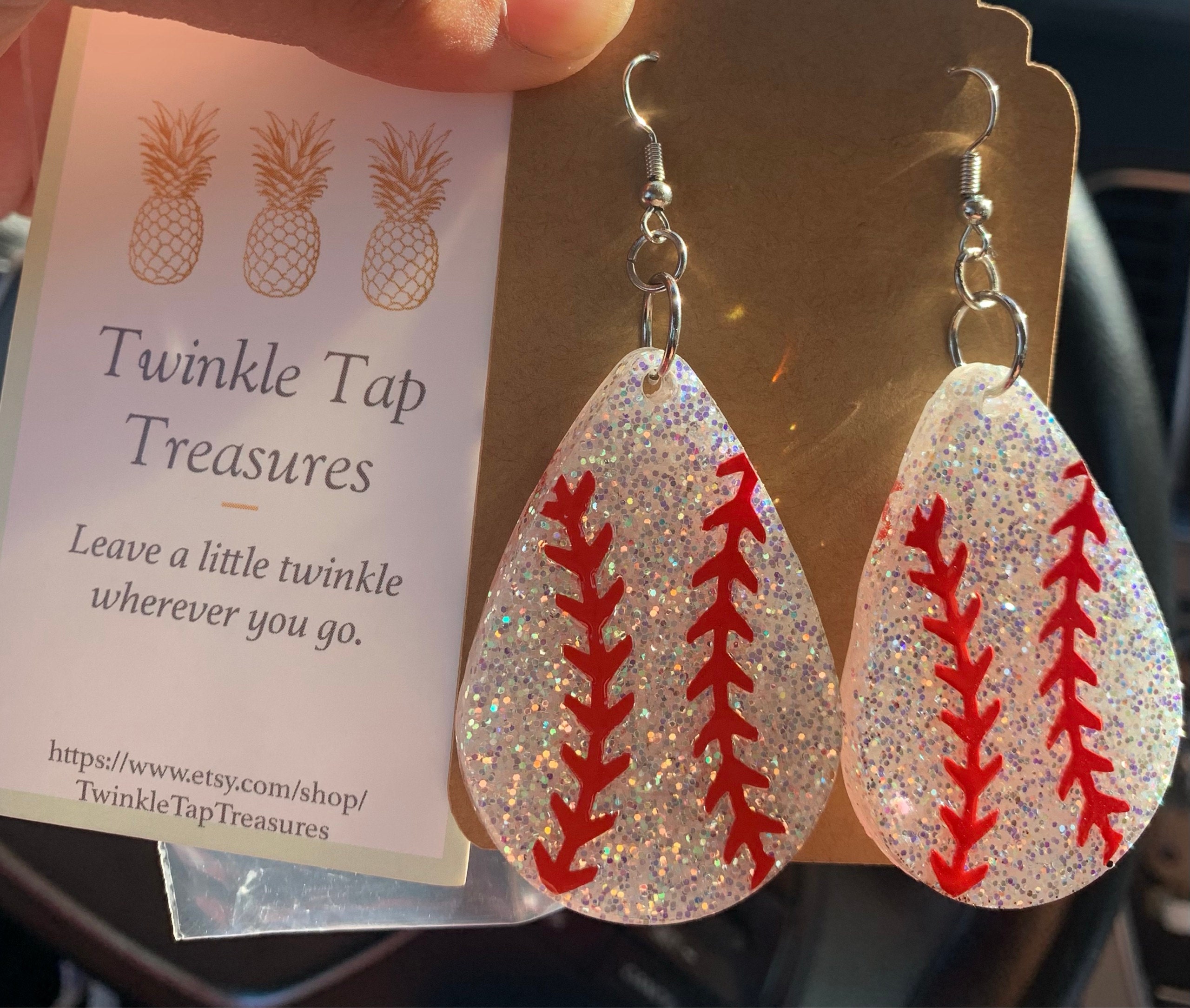 Baseball Teardrop Shaped Glitter Epoxy Earrings