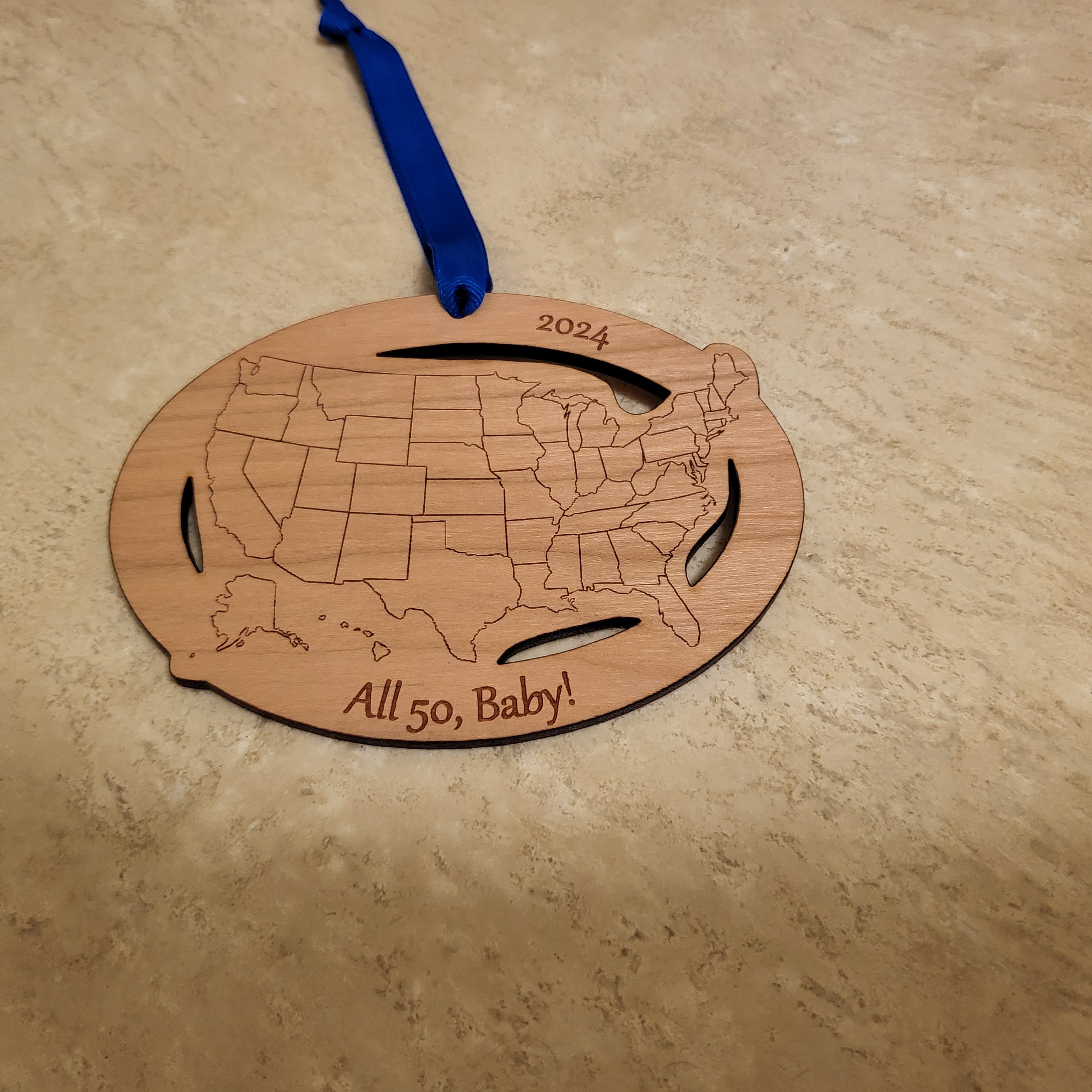Custom Text and Cities US Map ornament, Road Trip Travel Ornament, long distance relationship, 50 state marathons