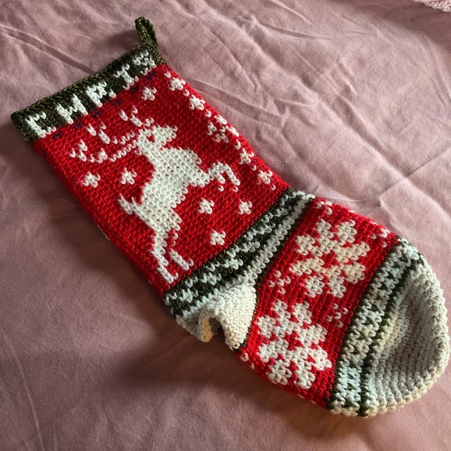 A customer's finished Prancing Deer Stocking Crochet Pattern