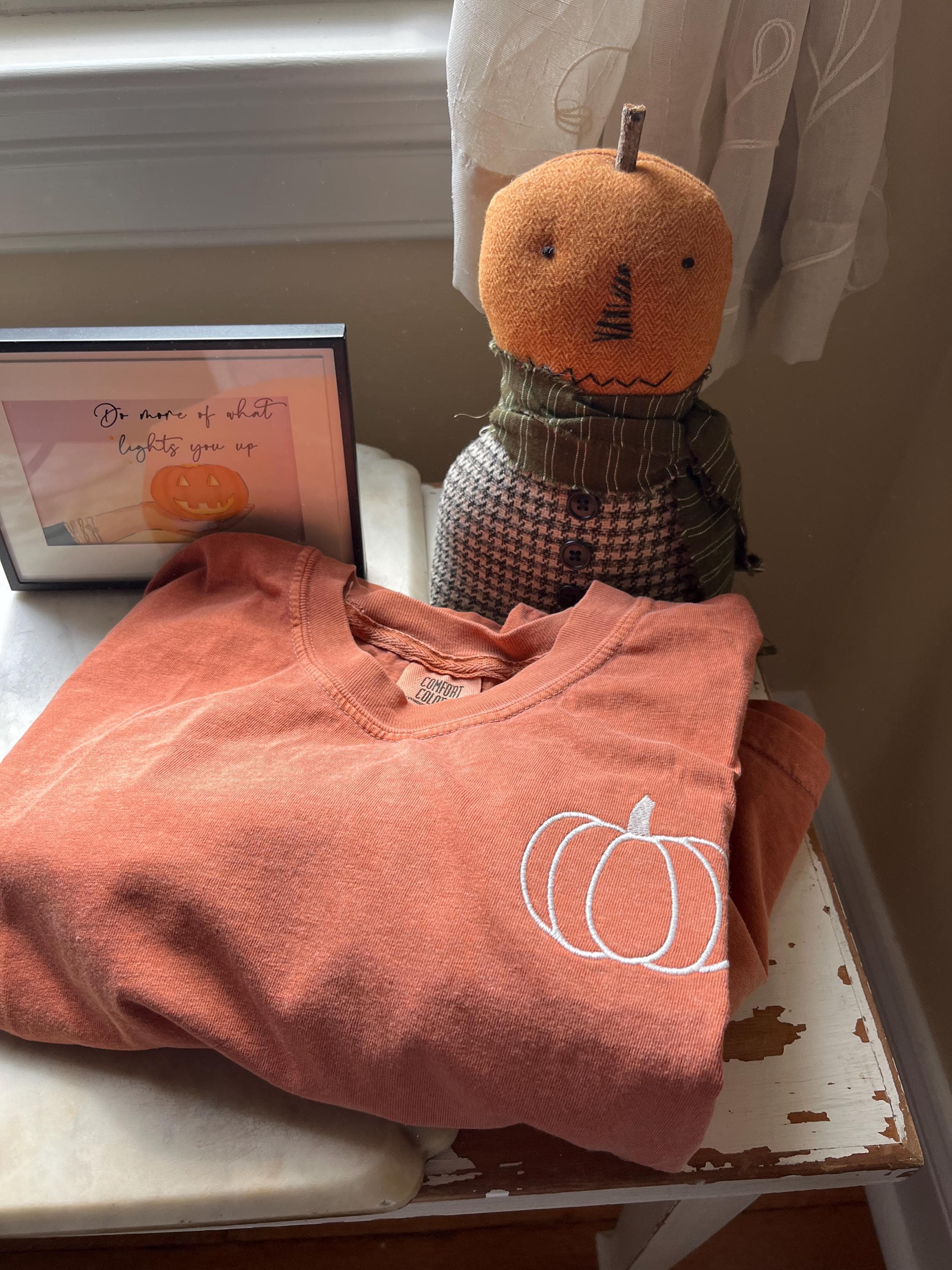 Pumpkin Comfort Colors Embroidered Tee - Pumpkin Outline T-Shirt - Simple Fall Pumpkin Crewneck T-Shirt - Minimal Fall Long Sleeve T-Shirt