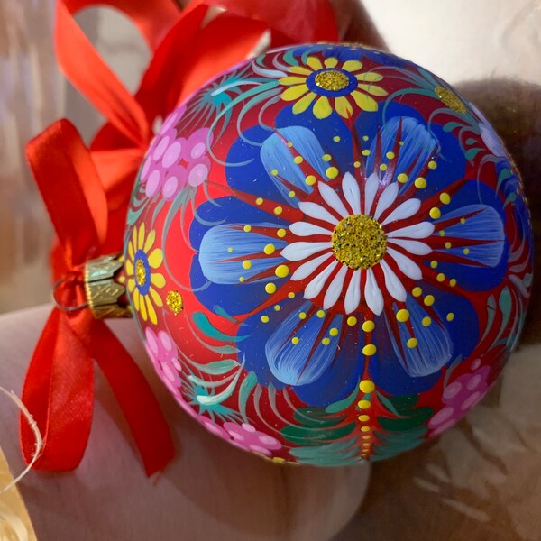 Set of Wooden Hand painted Christmas ornaments, Petrykivka “ Home “
