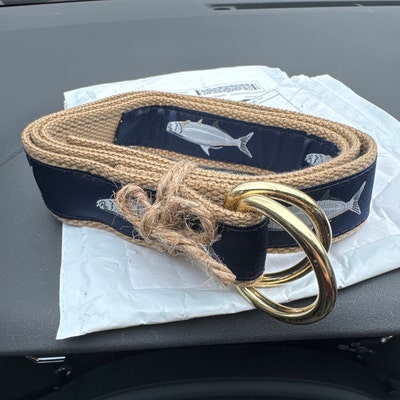 No27 Mens Maryland Crab Leather Belt - Maryland Flag & Crab Pattern On Yellow Webbing, Leather Tab & Buckle