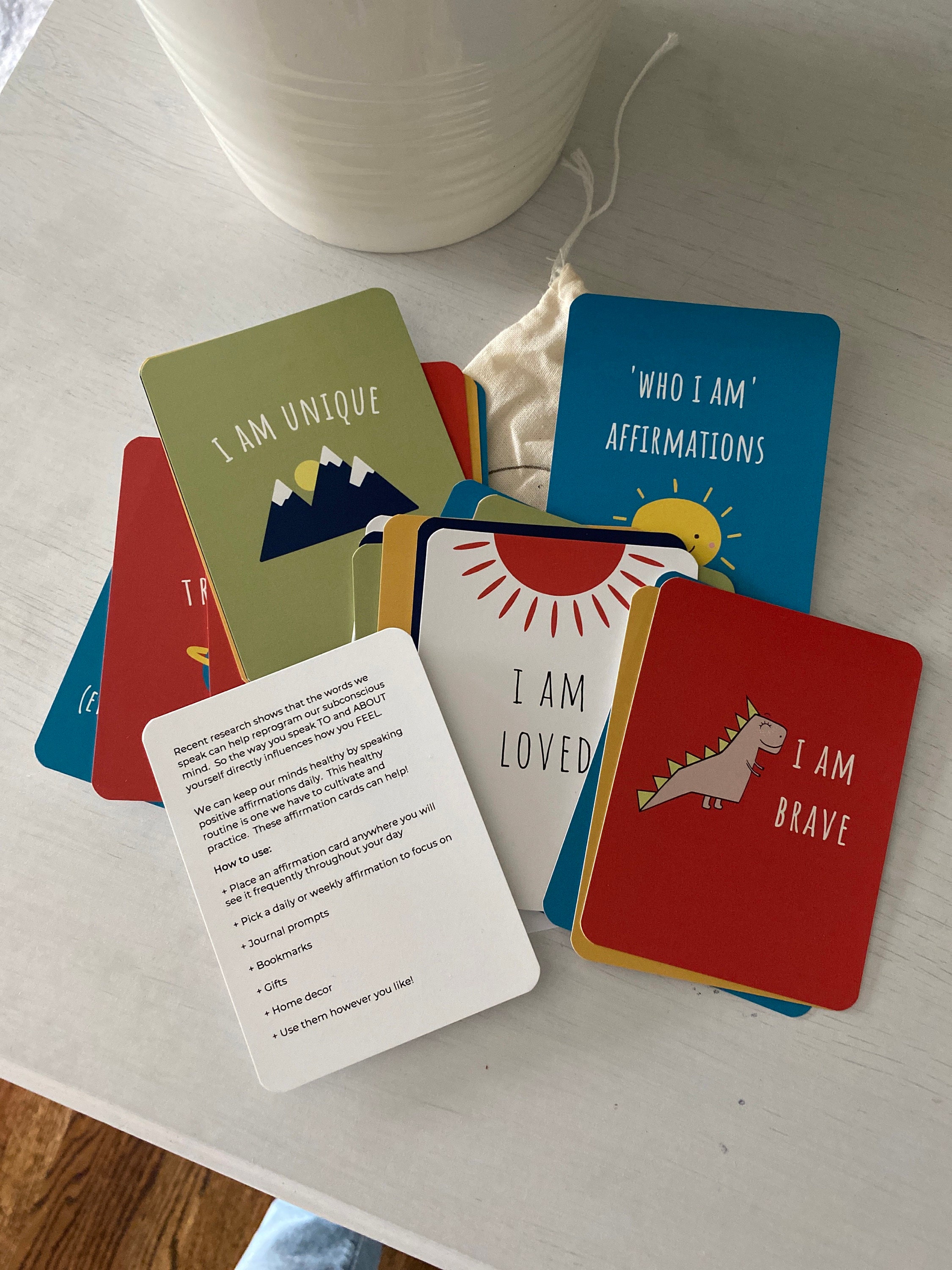 Kids Positive Affirmation Cards Set. Mindfulness gift for children to practice meditation and affirm truths.