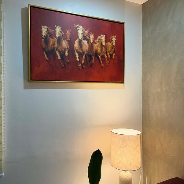 Vincent's Vastu 7 Gold Horses Canvas Print, Prosperity Wall Art Decor canvas print in their home — Antarmada
