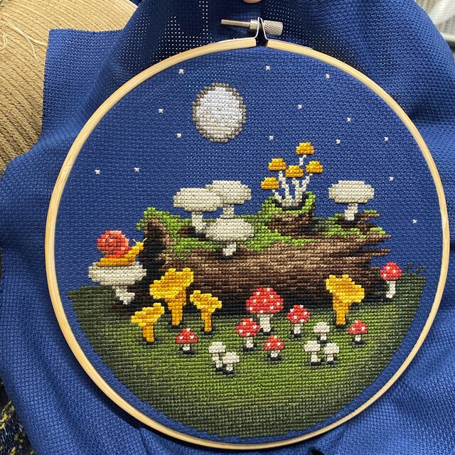 Cross Stitch Pattern - Mushrooms, Snail and Moon - PDF