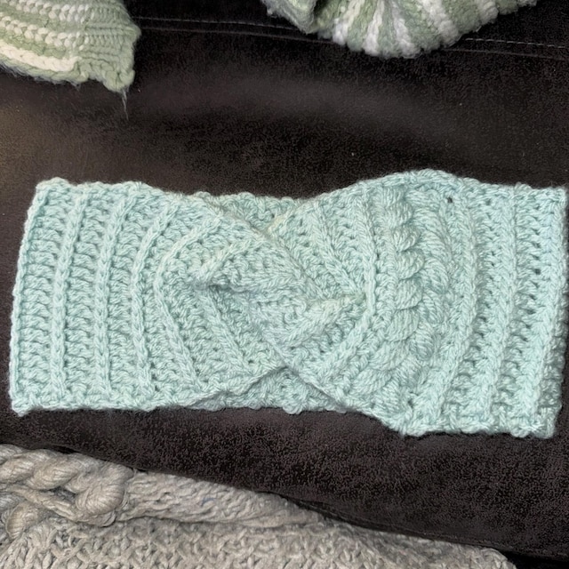 A customer's finished Crochet Cardigan, Mittens and Ear Warmer Pattern Bundle