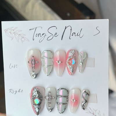 Luxury Pink Cross Nails/ Pink and Ivory Silver Press on Nails/ Silver ...