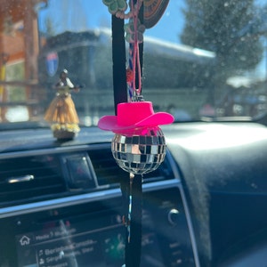 Pink Cowgirl Hat Disco Ball Car Hanging Rear View Mirror Accessory L Cowboy  Disco Ball and Pink Hat L Trendy Car Accessories L Car Decor 