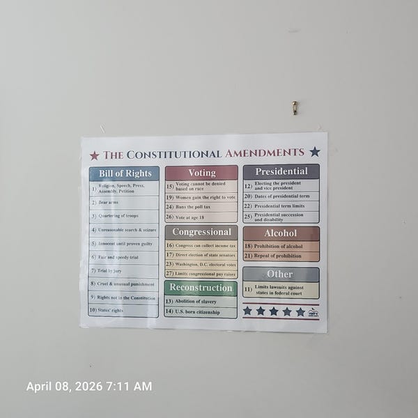 Constitutional Amendments Laminated Chart | Bill of Rights for ...