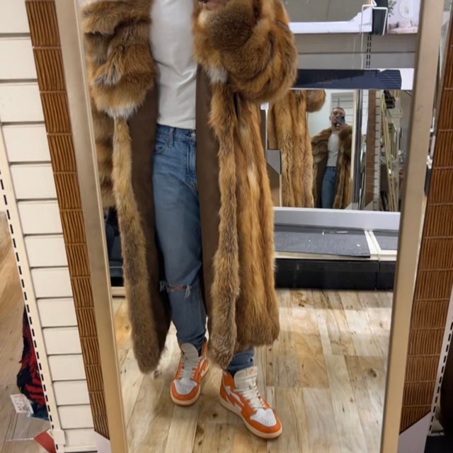 メンズ ロング丈 レッドフォックスファーコート フード付き - 本物の