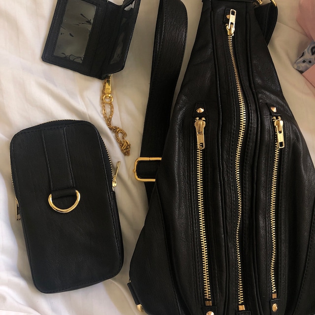 TRI ZIPPER Leather Hip Bag Backpack and Fanny Pack W/ Gold 