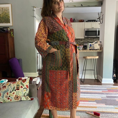 Bath Robe 100% Cotton Indian Ajrag Patchwork Handmade Kantha Stitch ...
