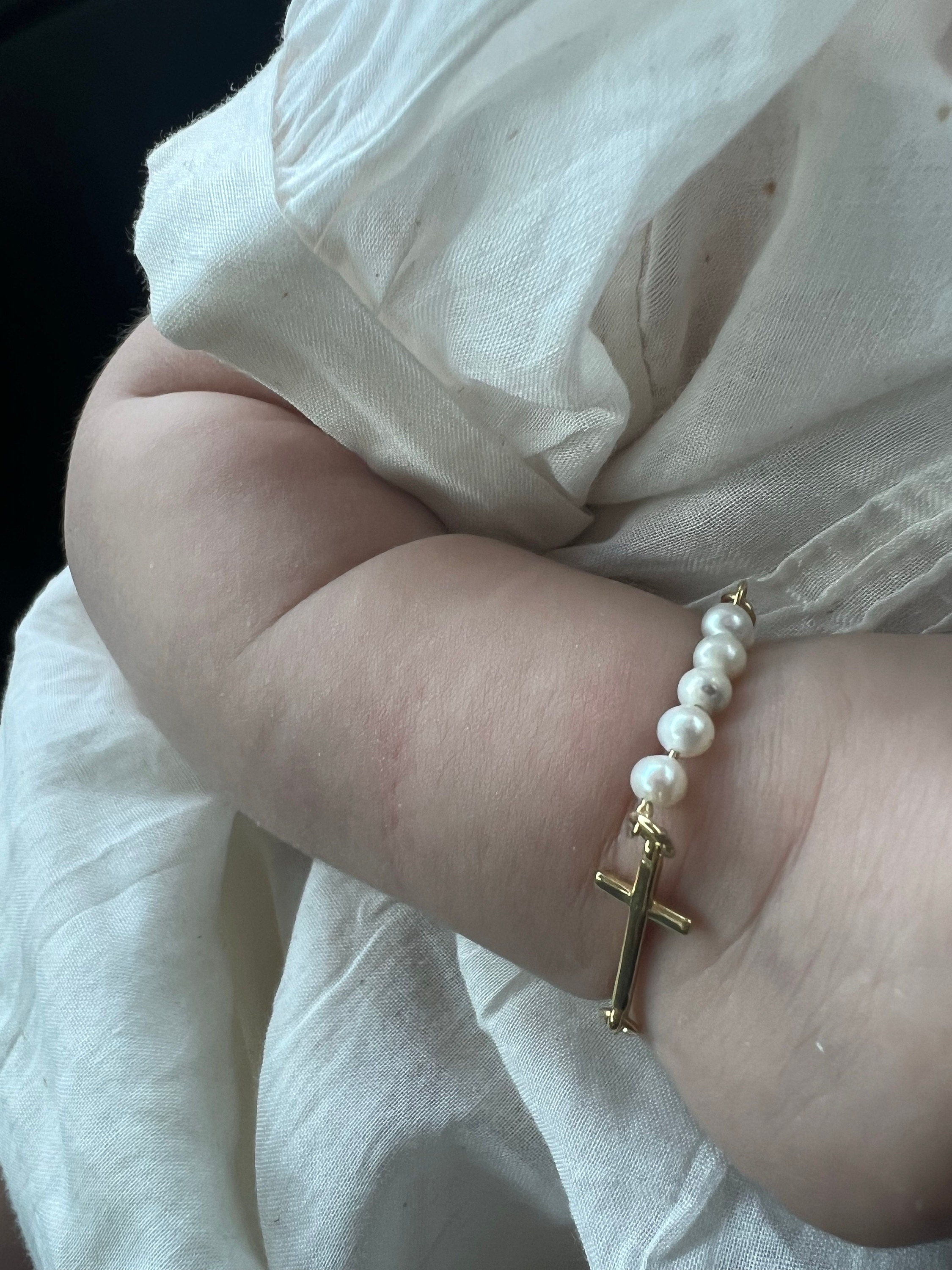 Personalized Initial Bracelet with Cross & Pearl, Faith Jewelry for Kids, Unisex Kids Bracelet, Birthday Gift, Gift for Girl/Boy