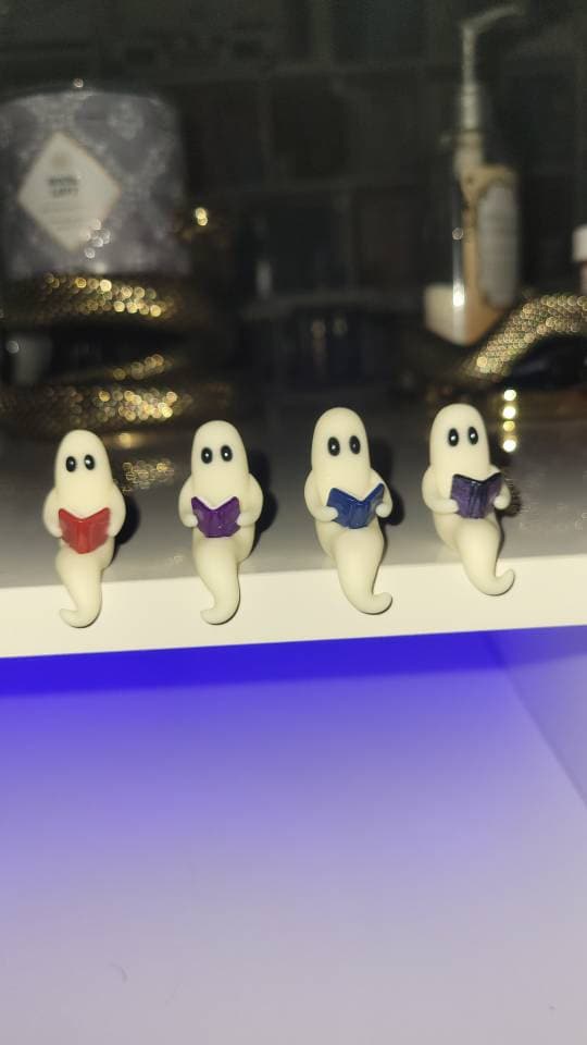 Pet Ghost Reading a Book, Miniature Shelf Sitter Figurine, Handmade Halloween Decoration, Spooky Cute Glow in the Dark