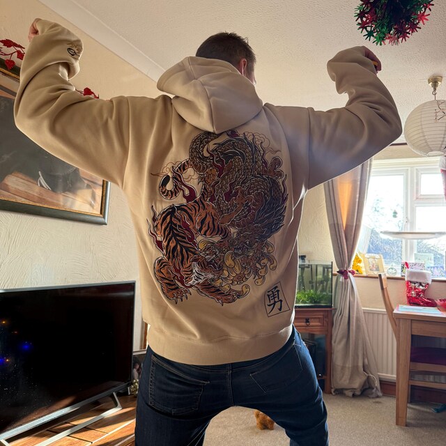 Heavy Embroidery Hoodie - Dragon Tiger - Unisex Cotton - Beige - Etsy