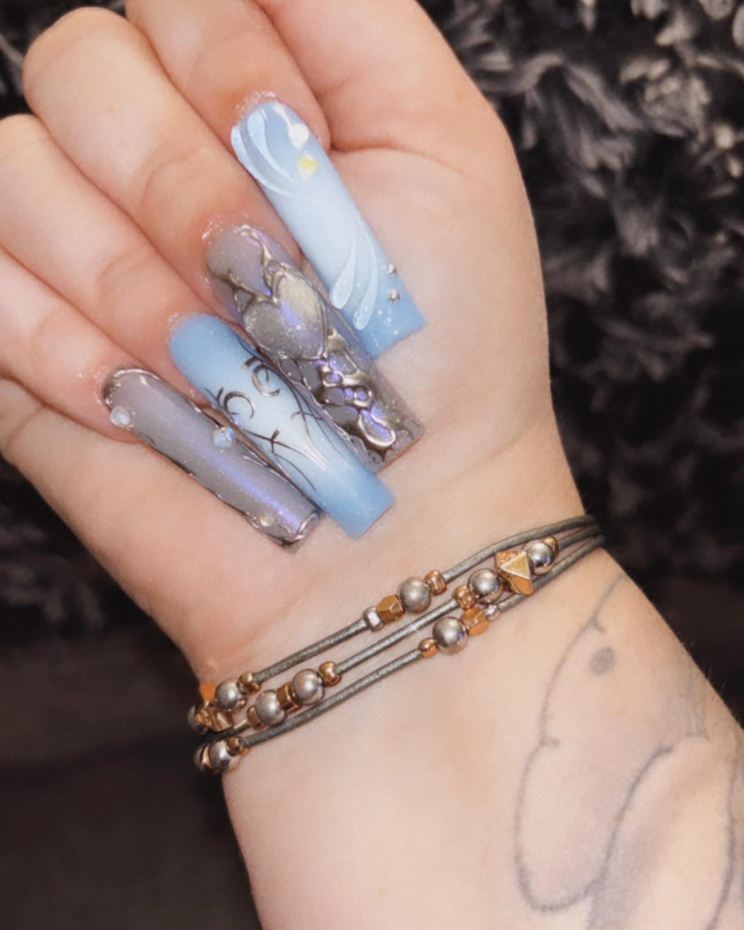 Free Style Blue Mermaid Almond Press On Nails, Handpainted Fake/False Nails, Prom/Event/Birthday Nails, Goth/Gothic/Y2K/Aura Nai