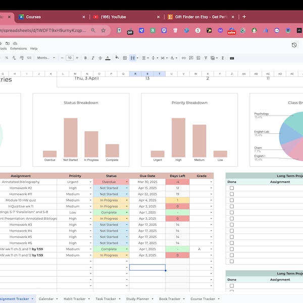 Academic Student Planner Spreadsheet School Assignment Tracker Google ...