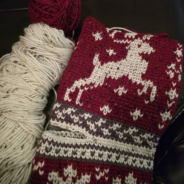 A customer's finished Prancing Deer Stocking Crochet Pattern
