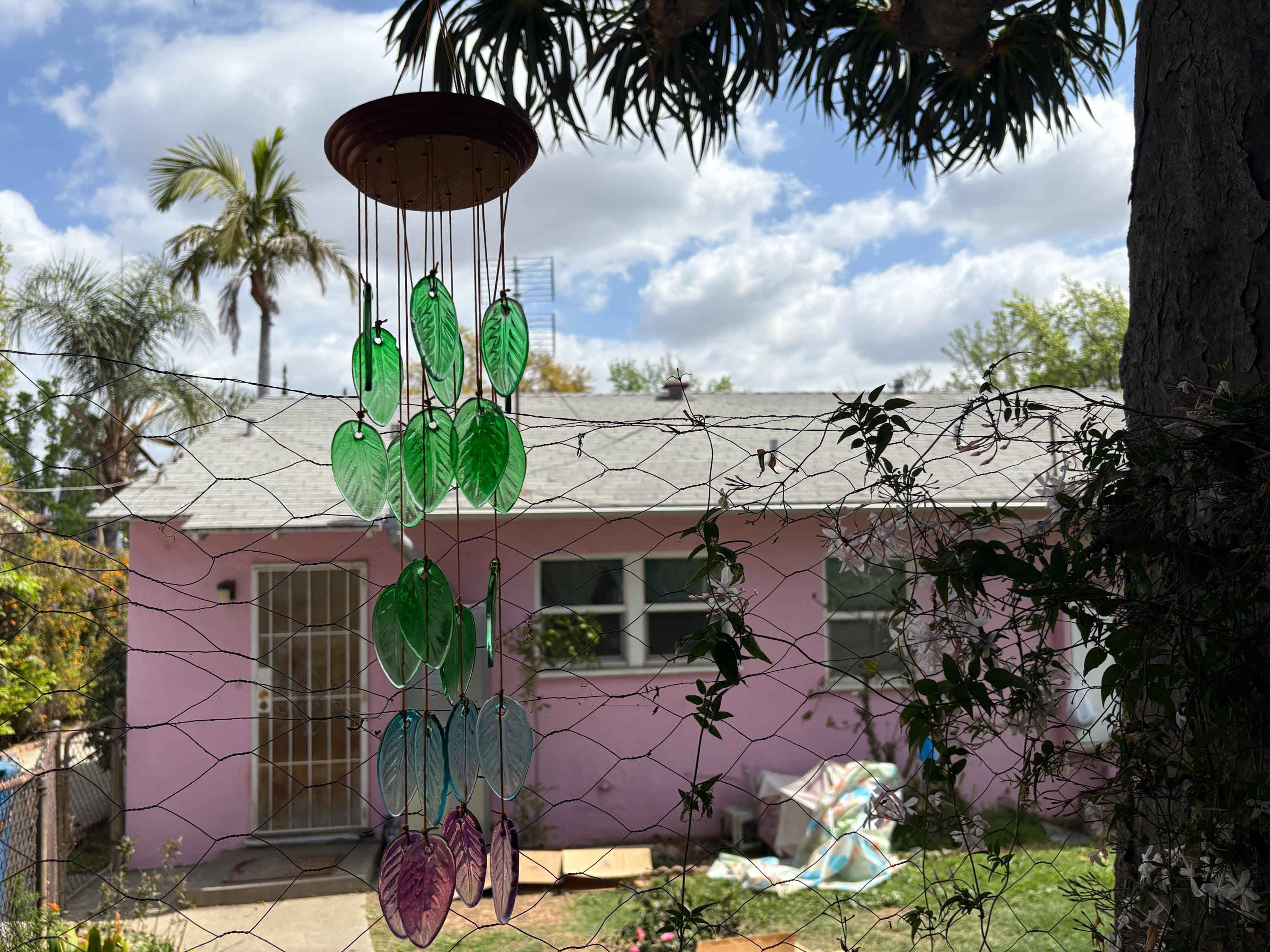 Rainbow colored Glass Leaves Wind Chime, Free Shipping.  Personalized Card on Request. Gift for  Mother. Father, Mom or Friend. Upcycle Art.