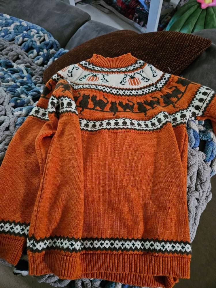Pumpkins cats handmade sweater jumper. Acrylic Vegan Wool, fall Halloween Christmas Autumn Witch Wizard