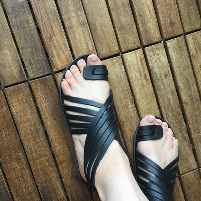 Ankle High Leather Sandal Black Ancient Greek Flat Sandals Zipper ...