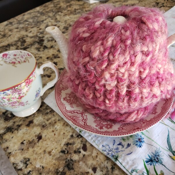 Knitted Stripe Wool Tea Cosy | Burnt Orange/Midnight