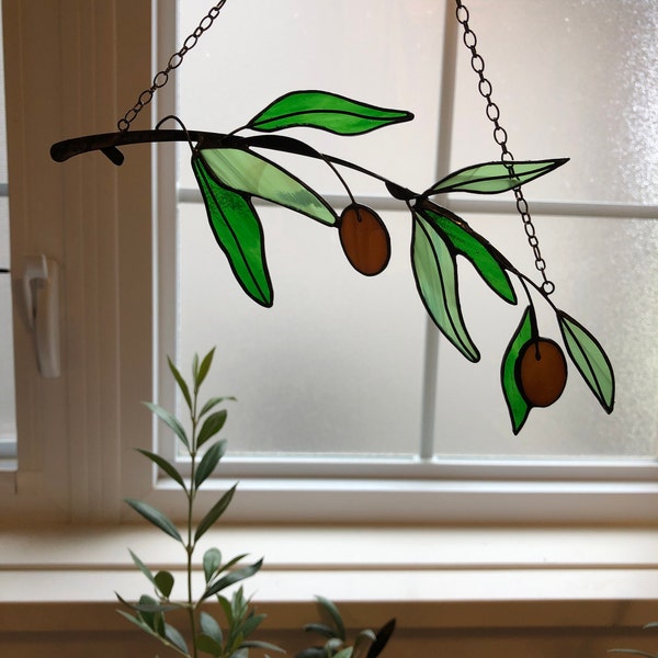 Green Olive Branch Suncatcher Stained Glass Leaf Mothers Day Gift From ...
