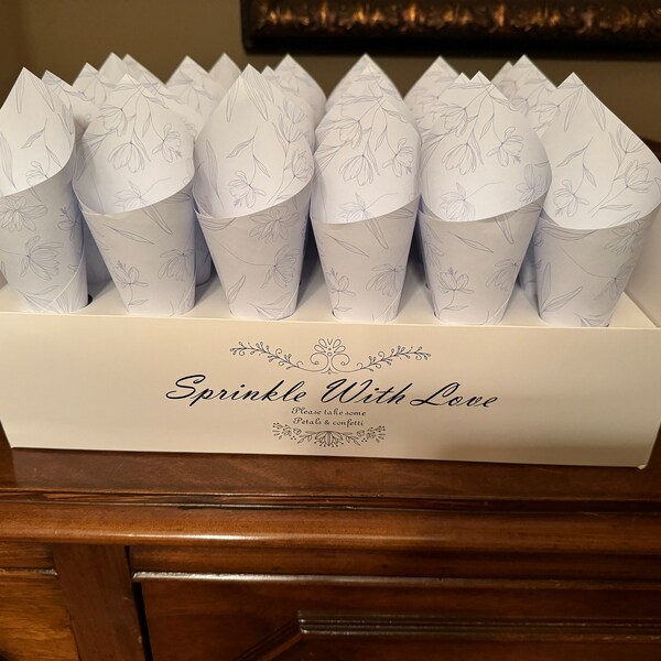 PATIKIL Wedding Confetti Cone Stand Boxes, 50 Pack Flower Confetti Petal Cone Paper Holder With Double-sided Adhesive Tape For Weddings Parties, White