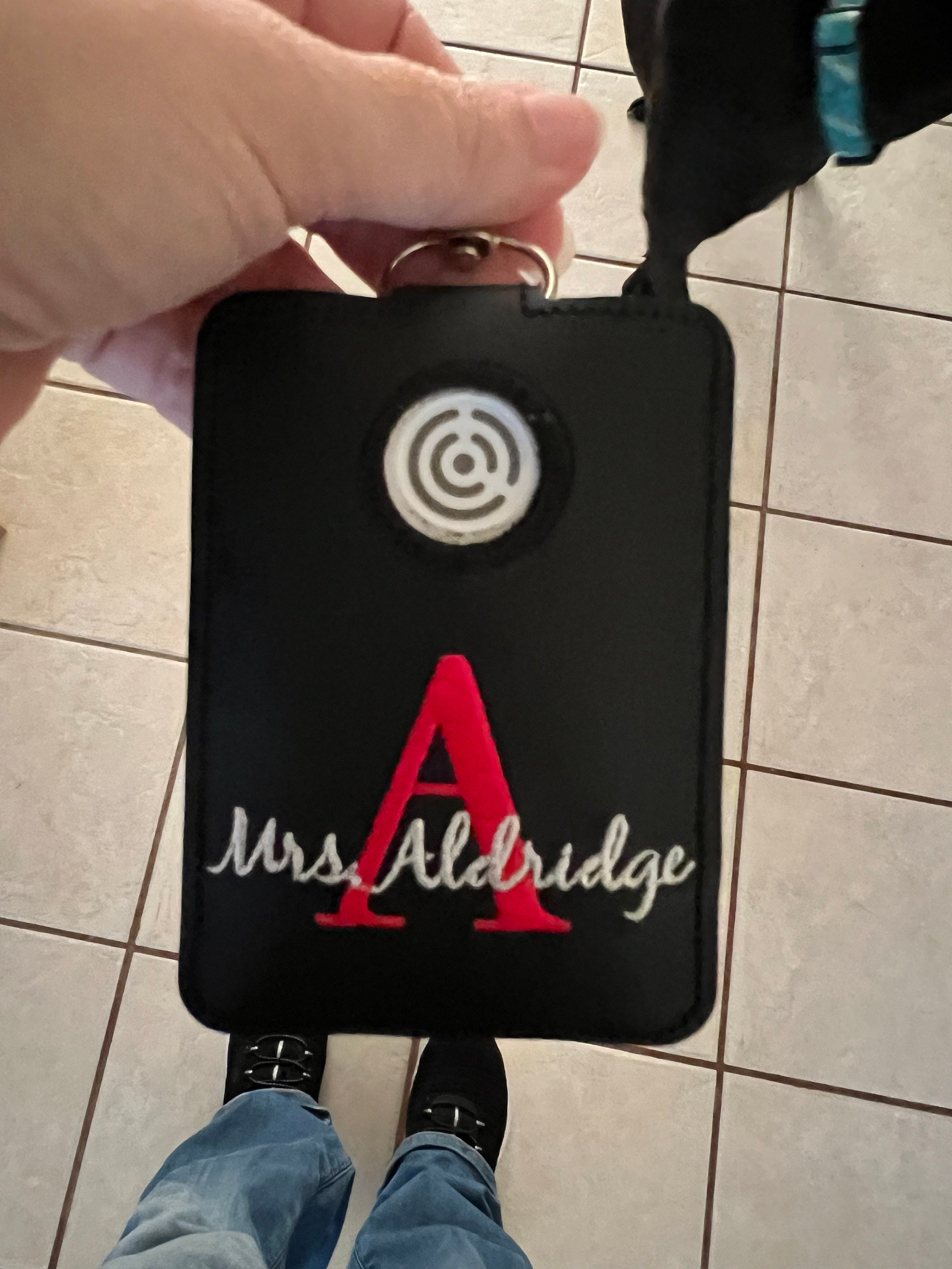 Alarm ID Badge Holder, Alarm Holder Key Ring, Vertical ID Card Case, Lanyard Accessory, Teacher Gift, Monogram Script