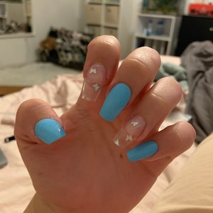 Blue French V Cut Nails Press On Nails Glue On Nails Etsy