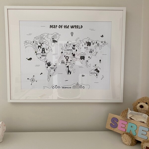 Animal World Map Nursery Wall Art, Black White Kids Room Decor, Kids ...
