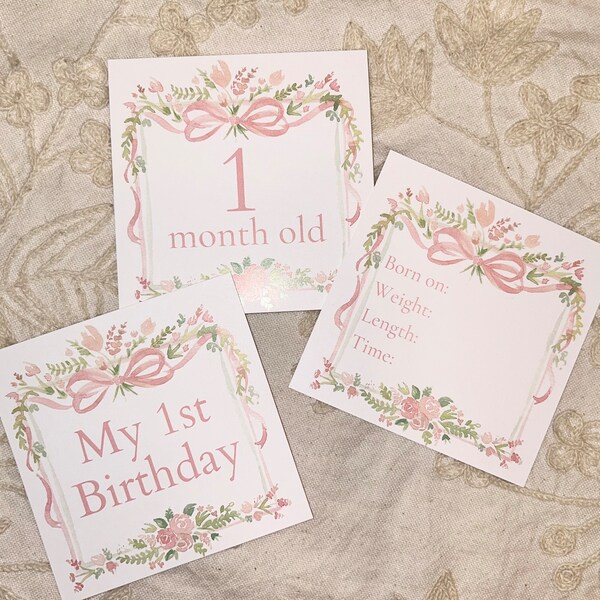 Watercolor Pink Baby Milestone Cards / Floral Crest / Gift / Baby ...