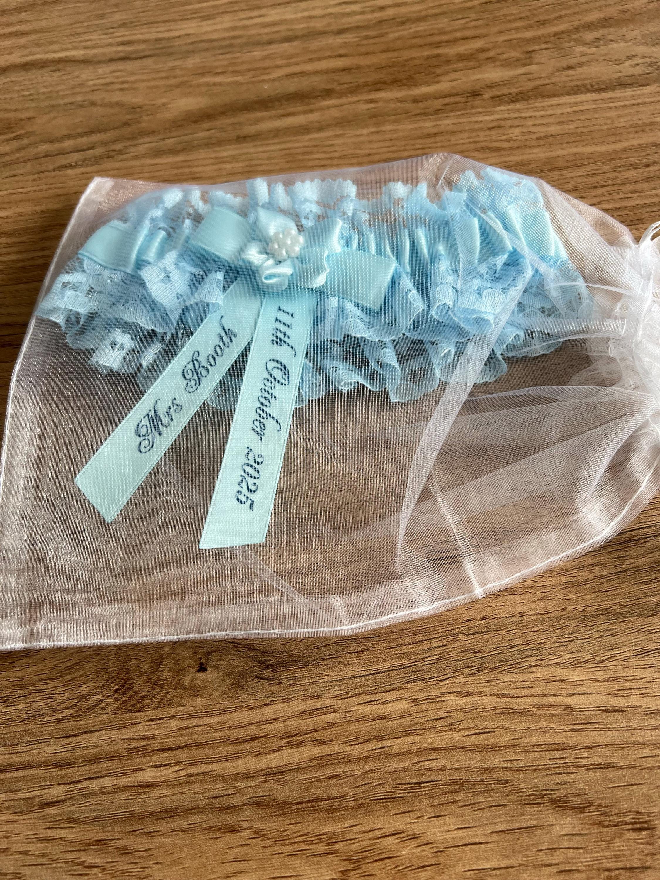 Personalised Blue Wedding Garter Handmade to order with name and wedding date - Excellent Gift for the Bride Something Blue