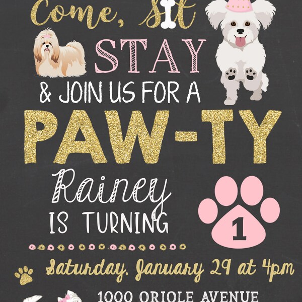 Girl Puppy Birthday Invitation Pink and Gold Dog Party Pet Invite Theme ...