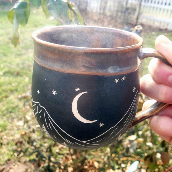 Handmade Carved Ceramic Mug Mountains Wheel Thrown Stoneware