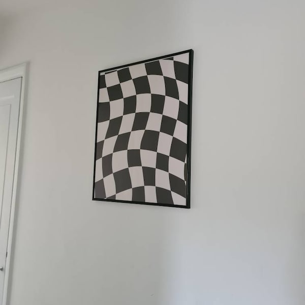 Checkered Print, Abstract Checked Poster, Wavy Print, Black White Print ...