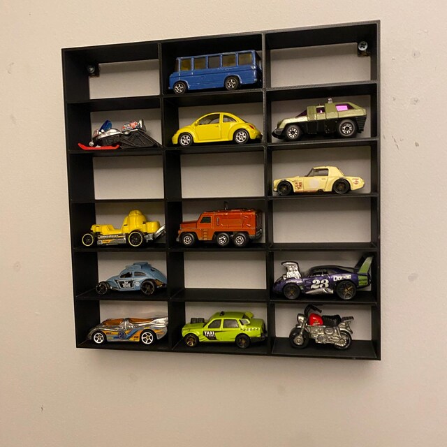 Vitrine de voiture miniature 61 x 43,2 cm, peut contenir 54 pour jouets de voiture à l'échelle 1/64, étagère murale de rangement pour jouets, boîte en bois pliable